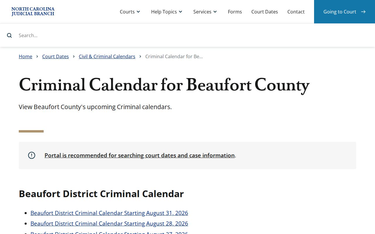 Beaufort County criminal court calendar results route