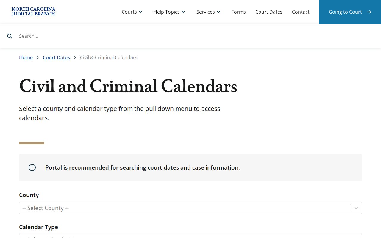 Beaufort County court calendar selector for civil and criminal schedules
